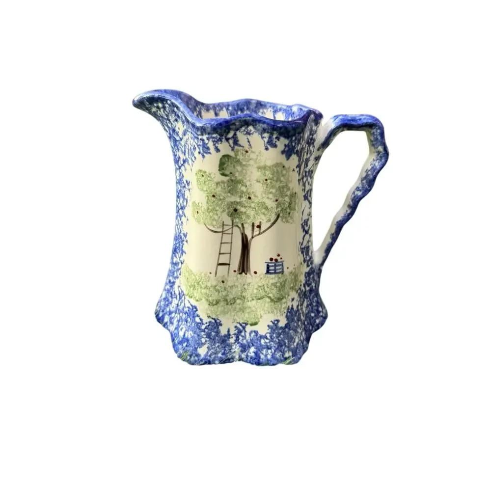 VTG Molly Dallas Blue Spatterware Ohio Folk Apple Tree Pitcher Wavy Handle 6.5